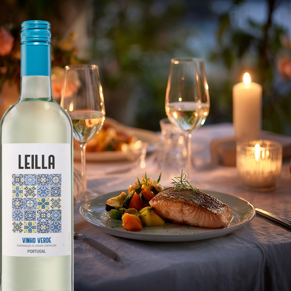 Leilla Vinho Verde auf gedecktem Tisch mit Fischgericht bei Kerzenschein, elegantes Dinner Ambiente