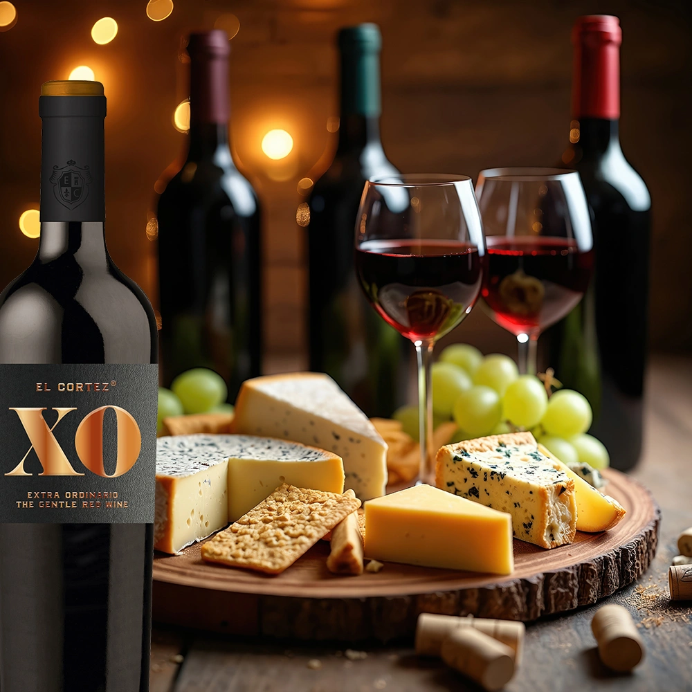 El Cortez XO Tinto mit Käseauswahl auf rustikaler Holzplatte, stimmungsvolles Kerzenlicht und Rotwein auf gemütlich gedecktem Tisch
