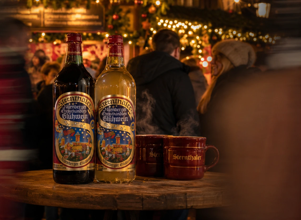 Zwei Flaschen Sternthaler Nürnberger Christkindles Glühwein auf einem rustikalen Holztisch mit Glühweinbechern auf einem stimmungsvoll beleuchteten Weihnachtsmarkt, umgeben von Menschen in festlicher Abendatmosphäre.