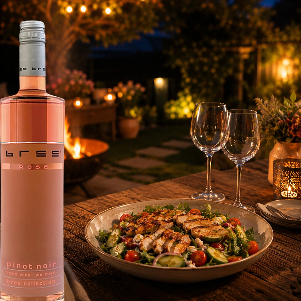 Bree Pinot Noir Rosé Weinflasche mit einem frischen Salat auf einer gemütlich beleuchteten Terrasse am Abend als leichte sommerliche Speisebegleitung