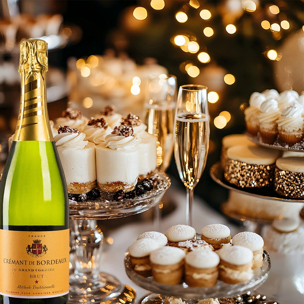 Bonfils Bonfils Grand Corbier Crémant de Bordeaux mit süßen Desserts auf festlich gedecktem Tisch, elegante Genussmomente in stimmungsvoller Atmosphäre