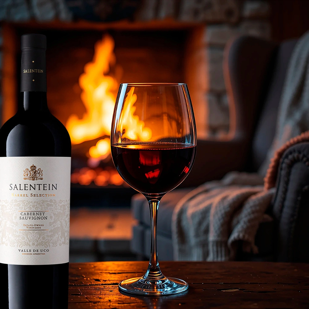 Barrel Selection Cabernet Sauvignon von Bodegas Salentein auf einem rustikalen Holztisch vor einem prasselnden Kaminfeuer in warmem Ambiente