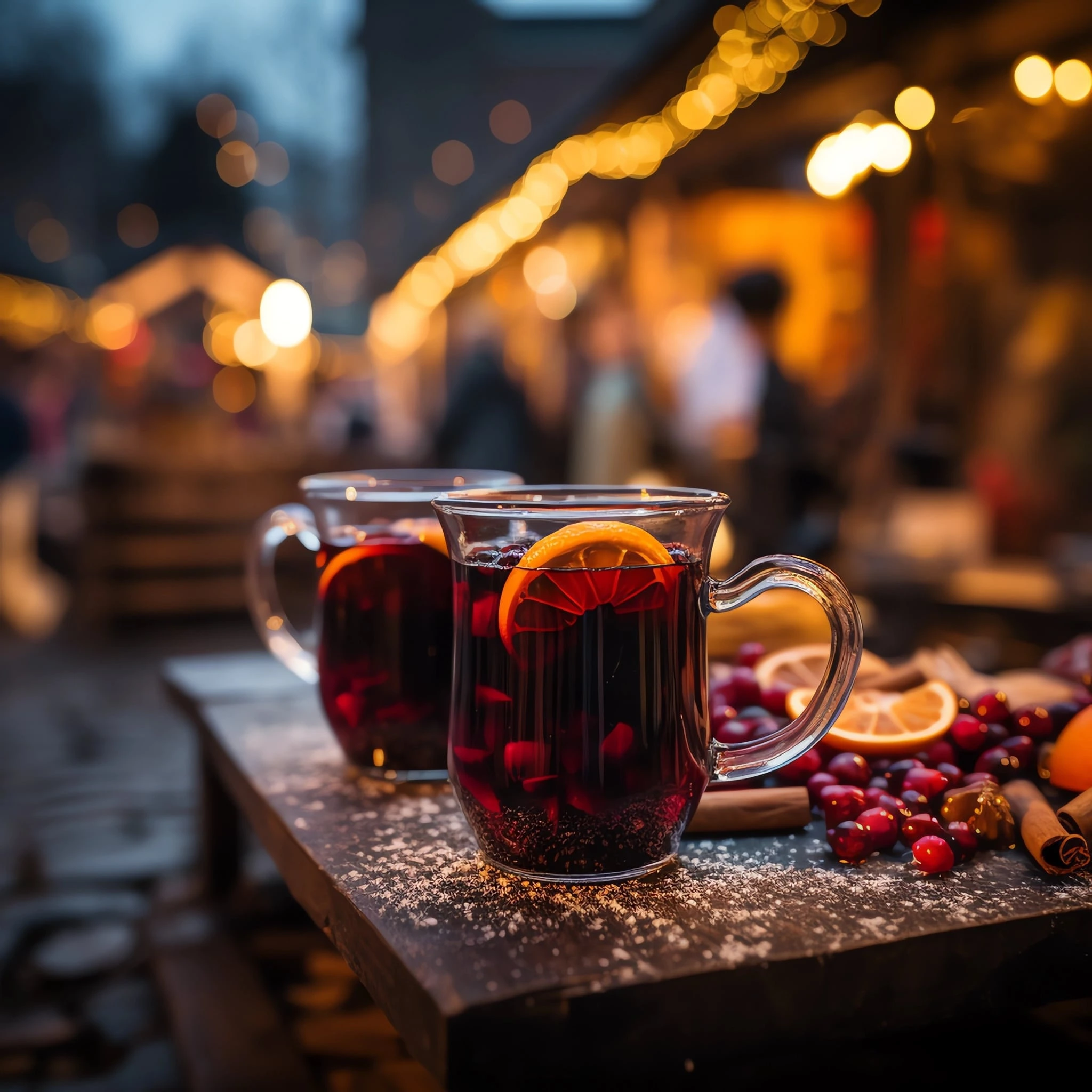 Zwei rustikale Glasbecher mit heißem Snöflingor Glühwein auf einem Holztisch vor stimmungsvoll beleuchtetem Weihnachtsmarkt bei winterlicher Abendstimmung.