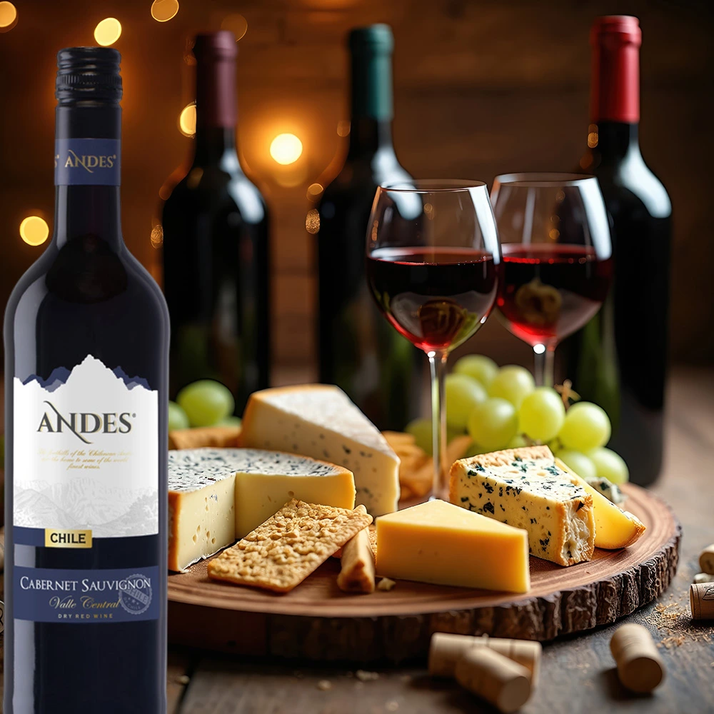 Andes Cabernet Sauvignon Rotwein 0,75l Flasche mit Käseplatte bei Kerzenschein auf rustikalem Holztisch