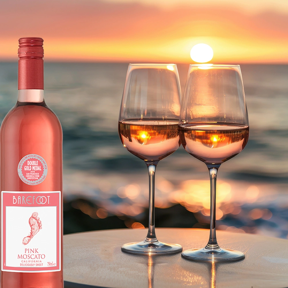 Barefoot Pink Moscato Roséwein mit zwei Gläsern am Strand bei Sonnenuntergang am Meer