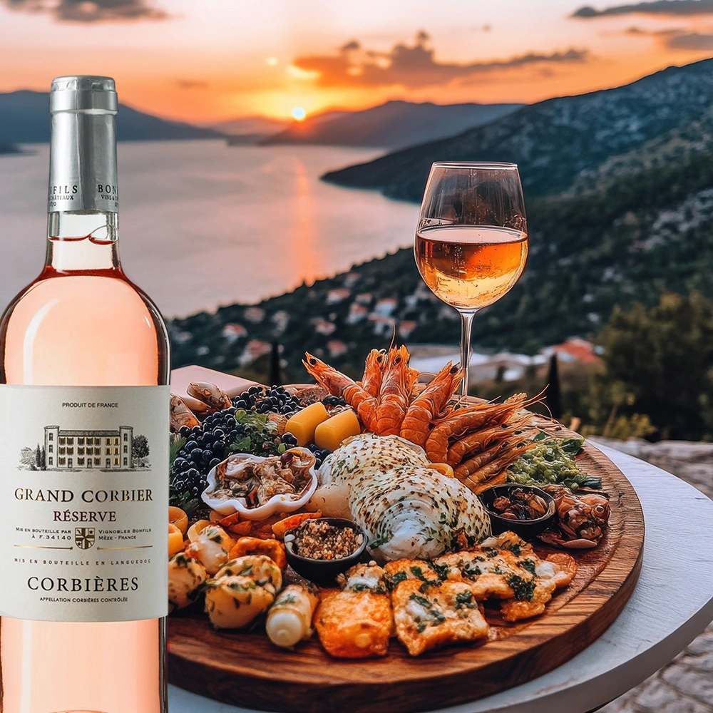 Bonfils Grand Corbier Réserve Rosé mit frischen Meeresfrüchten in sonniger Bucht bei stimmungsvollem Sonnenuntergang, mediterrane Genussatmosphäre
