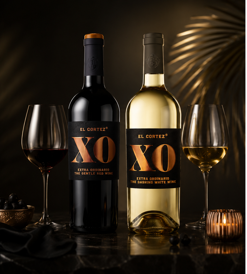 El Cortez XO Tinto und Blanco auf elegantem Natursteintisch, edle Atmosphäre mit spanischem Rotwein und Weißwein in stilvollem Ambiente
