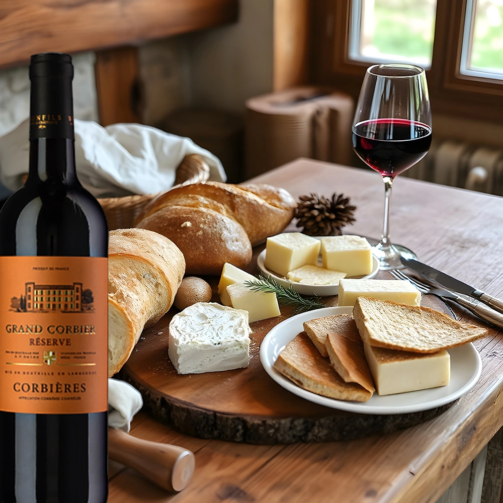 Bonfils Grand Corbier Réserve Rouge mit vielfältiger Käseauswahl auf rustikalem Holzbrett, gemütliche Wein- und Genussatmosphäre