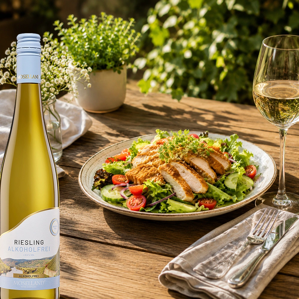 Moselland Riesling alkoholfrei mit frischem Salat - alkoholfreier Riesling von der Mosel