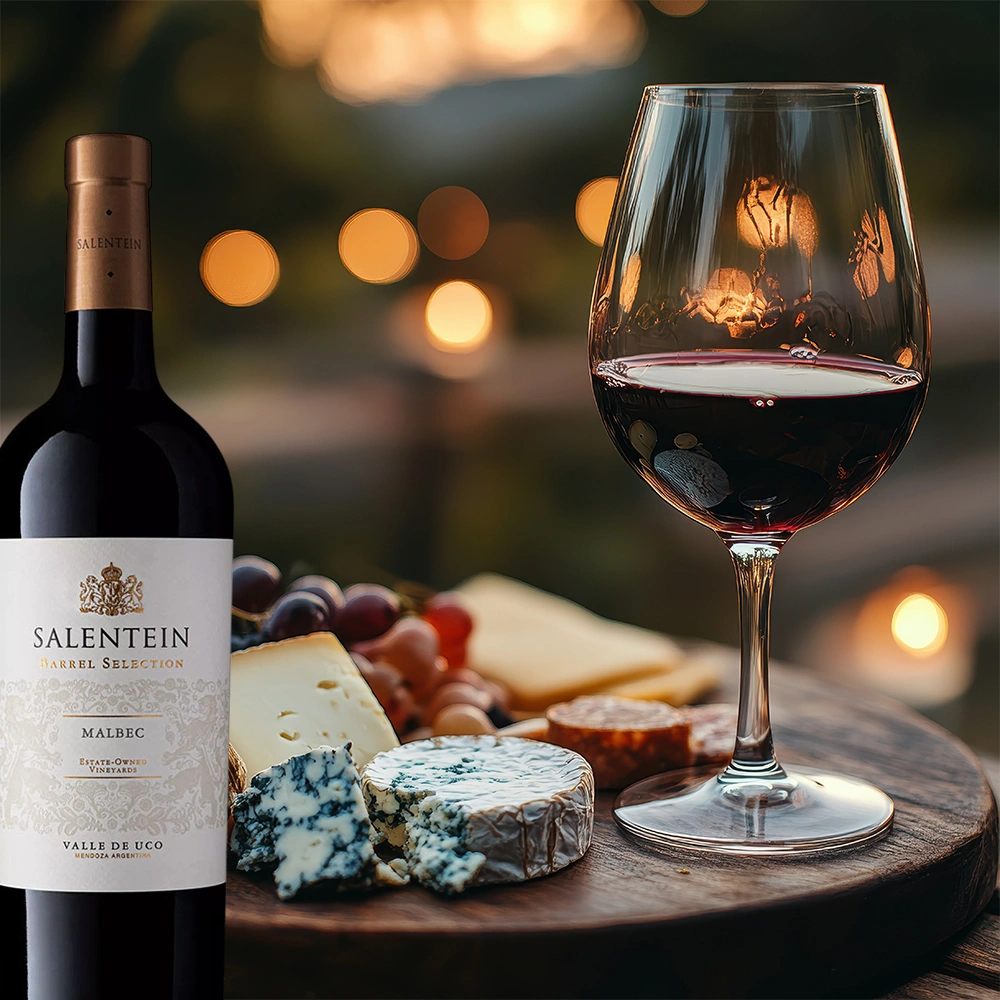 Bodegas Salentein Barrel Selection Malbec auf einer Terrasse bei Kerzenschein, serviert zu einer Käseplatte in stimmungsvoller Abendatmosphäre