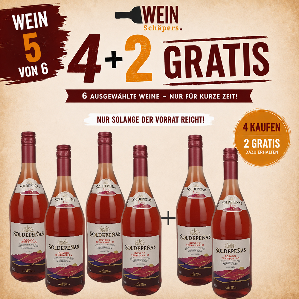 AKTIONSWEIN 5: Soldepeñas Rosado Tempranillo, trocken, sortenreines Weinpaket (6x1,0l)
