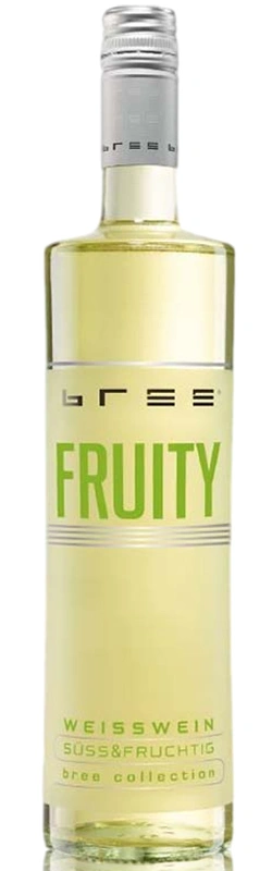 Bree Fruity Weiß Weinflasche als hochwertige Produktaufnahme vor weißem Hintergrund mit klar sichtbarem Etikett und eleganter Darstellung der Flaschenform