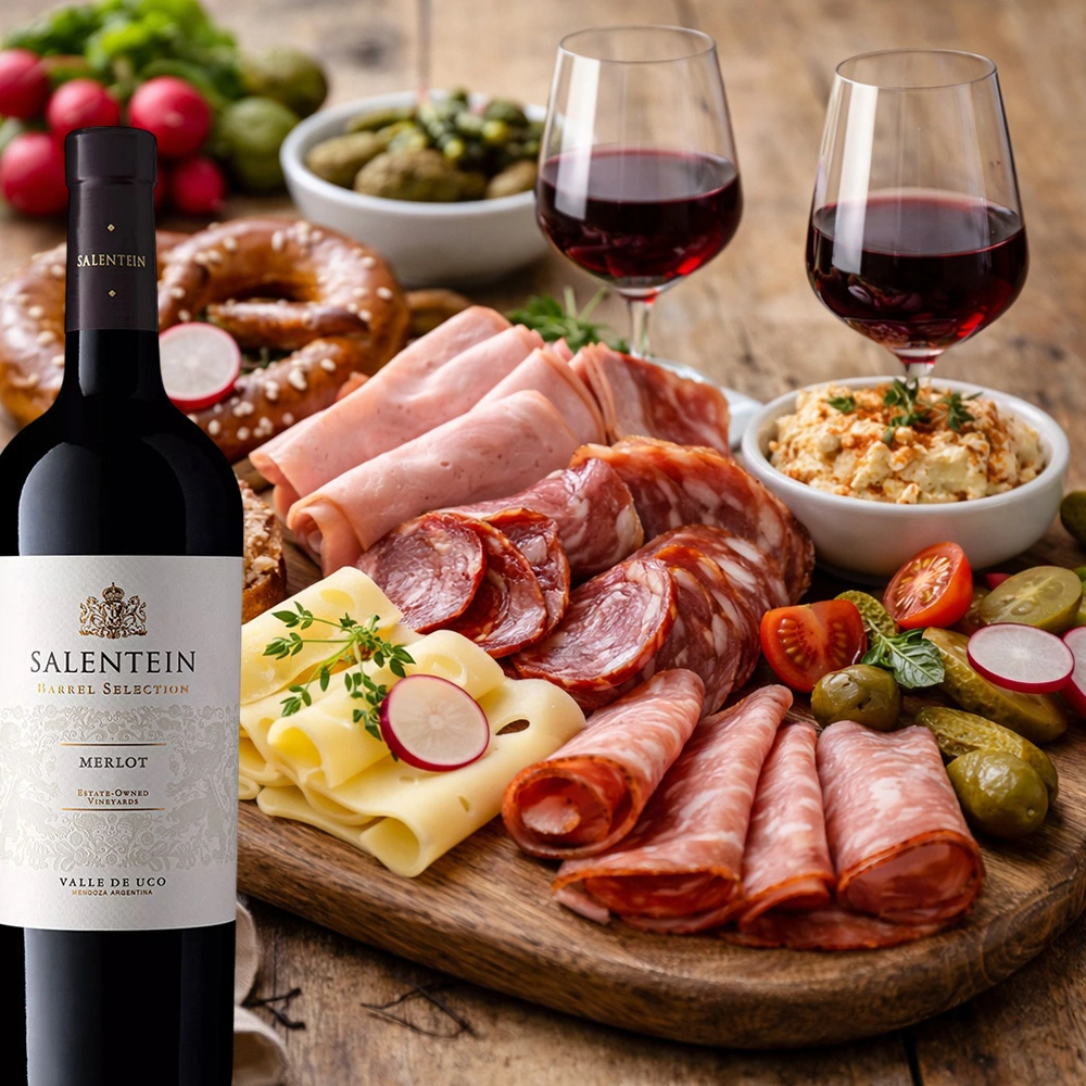Bodegas Salentein Barrel Selection Merlot auf einem rustikalen Holztisch, kombiniert mit einer traditionellen Brotzeit in gemütlicher Atmosphäre