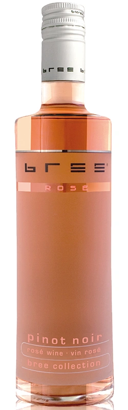 Kleine 0,25-Liter-Flasche Bree Pinot Noir Rosé als hochwertige Produktaufnahme vor weißem Hintergrund mit sichtbarem Etikett und kompakter Flaschengröße