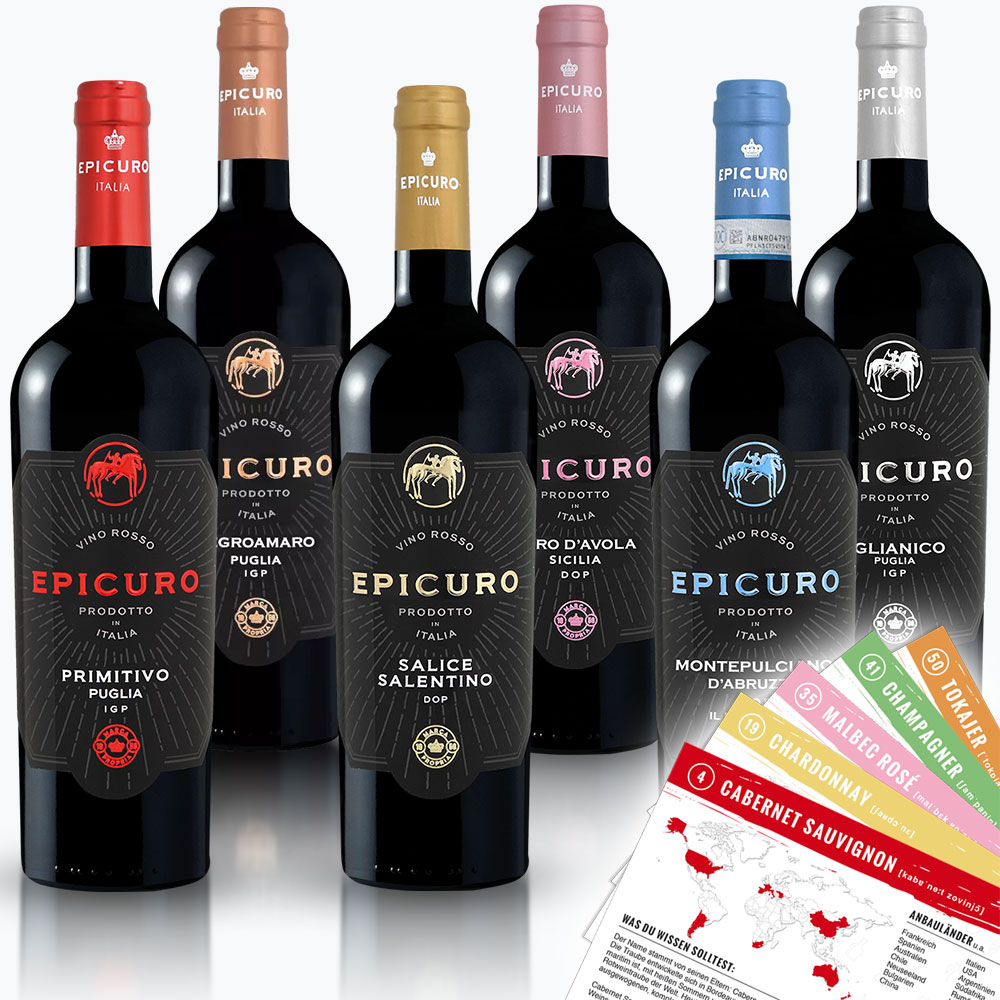 Epicuro Italien Probierpaket, gemischtes Weinpaket + VINOX Winecards (6x0,75l)