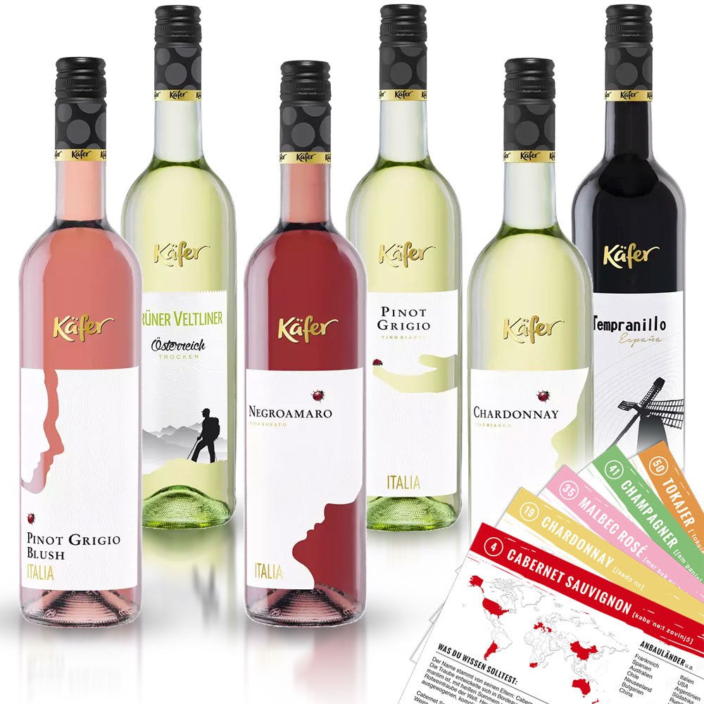 Käfer Europa Probierpaket (6 x 0,75l) + VINOX Winecards