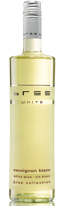 Bree Sauvignon Blanc Weinflasche als freigestellte Produktaufnahme vor weißem Hintergrund mit klar sichtbarem Etikett und eleganter Darstellung der Flaschenform