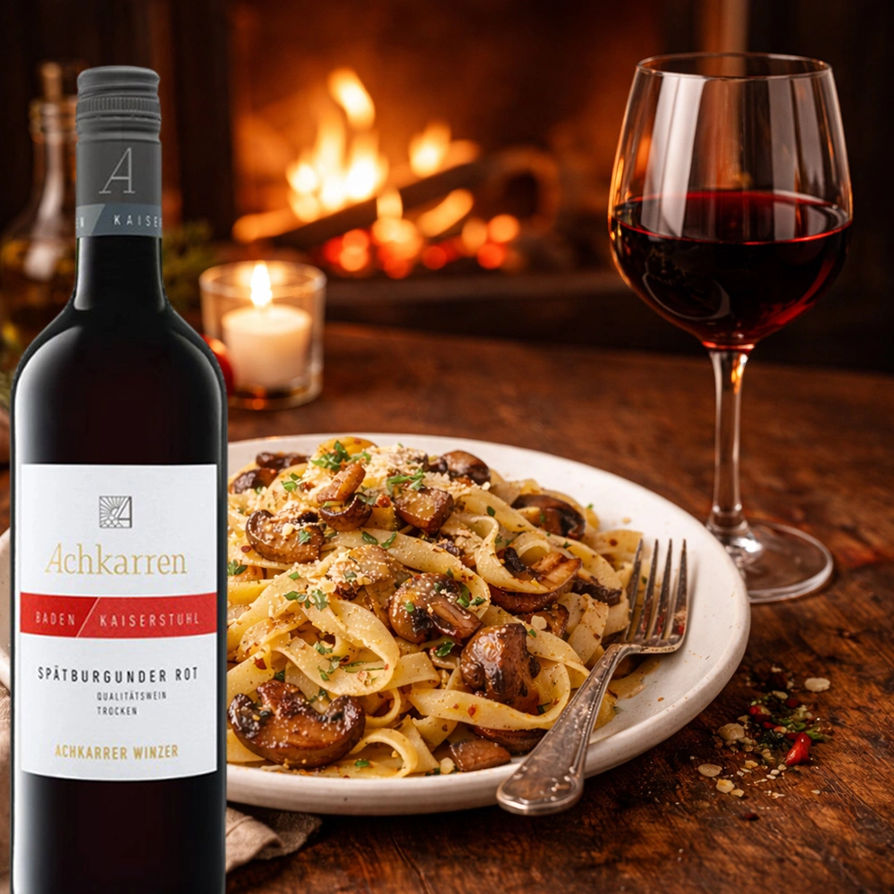 Achkarren Spätburgunder serviert mit einem Teller Pasta mit Pilzen und Glas Rotwein vor Kamin, Kaiserstuhl