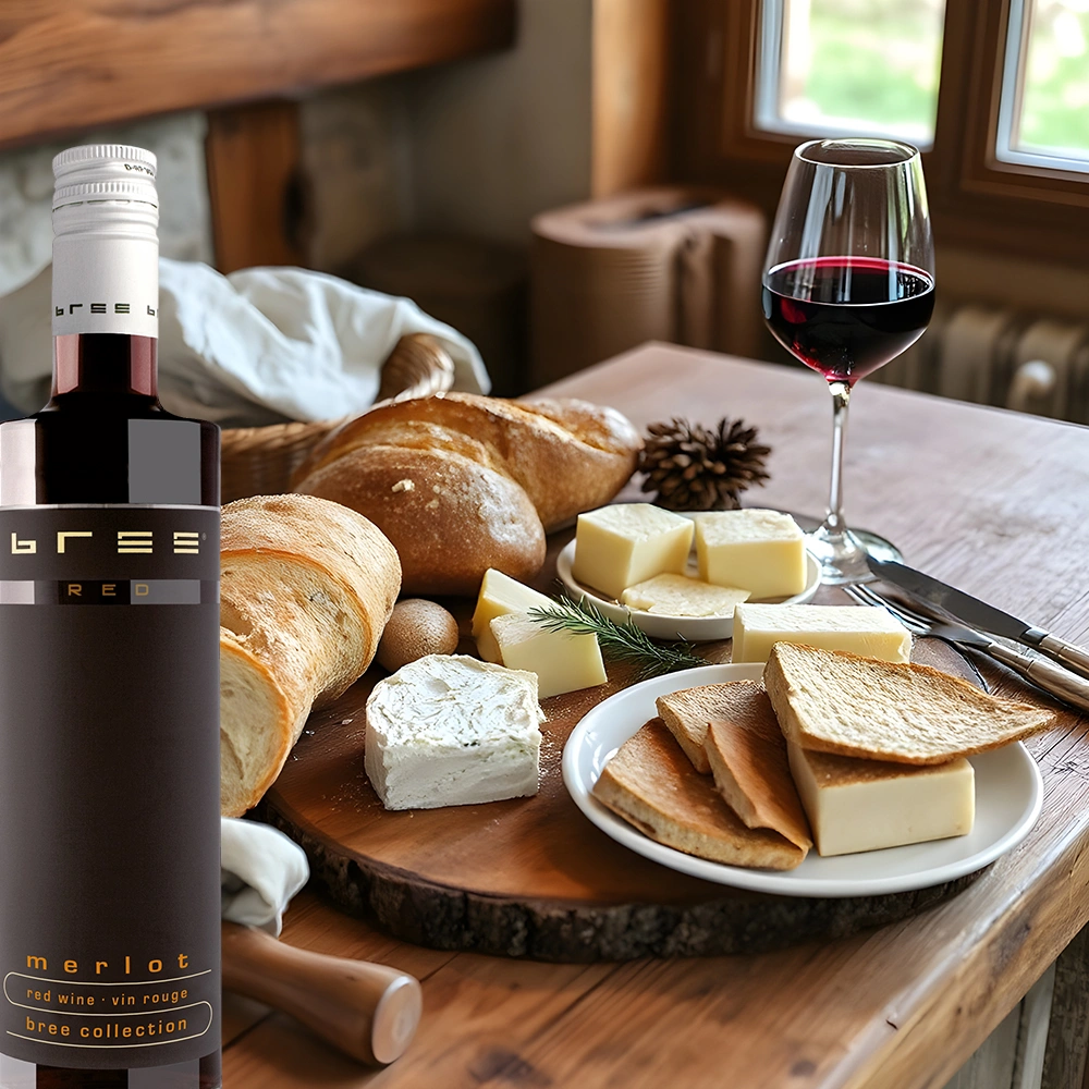 Kleine 0,25-Liter-Flasche Bree Merlot auf einem rustikalen Tisch neben einer Käseplatte mit verschiedenen Käsesorten, frischer Brotzeit und passender Weinbegleitung