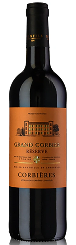 Bonfils Grand Corbier Réserve Rouge freigestellt vor weißem Hintergrund, elegante Rotweinflasche mit stilvollem Etikett