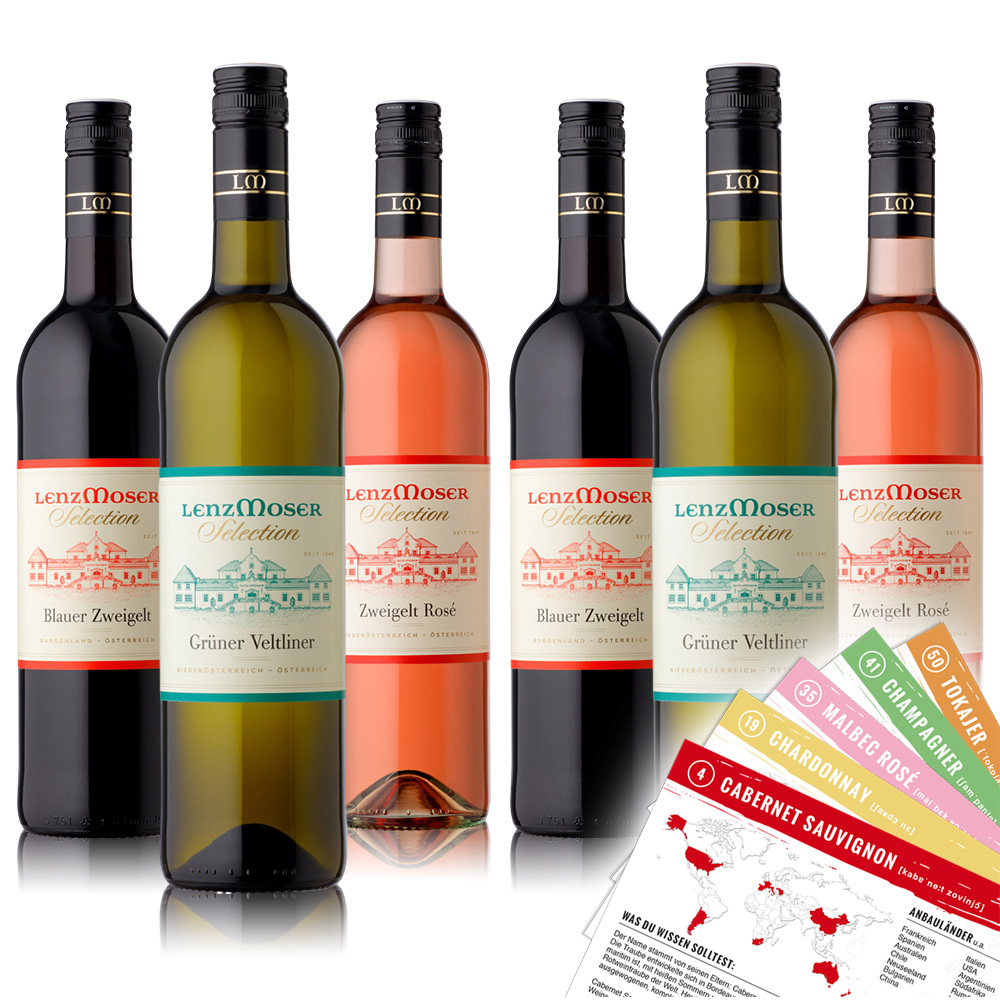 Lenz Moser Probierpaket Österreich + VINOX Winecards (6x0,75l)