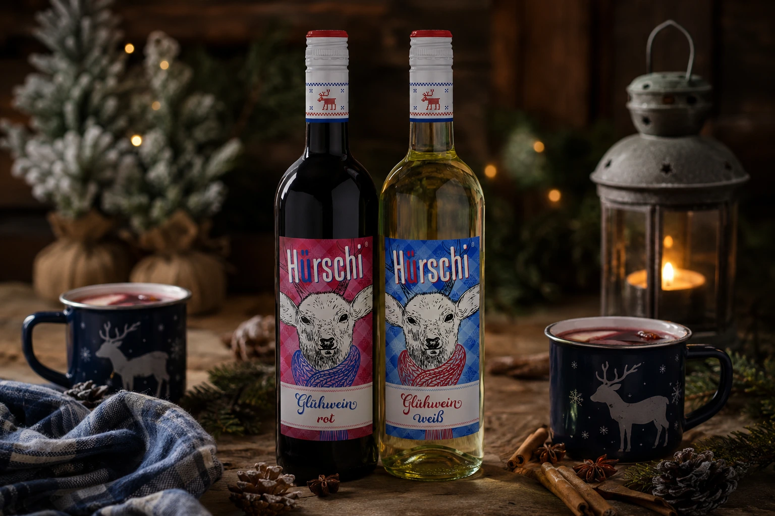 Hürschi Glühwein Rot und Weiß auf einem weihnachtlich gedeckten Holztisch mit Glühweinbechern, Tannenzweigen, Kerzen und winterlicher Dekoration.