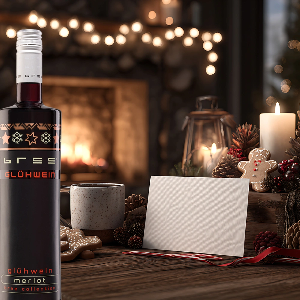 Bree Glühwein Merlot auf einem Holztisch vor einem Kamin mit weihnachtlicher Dekoration