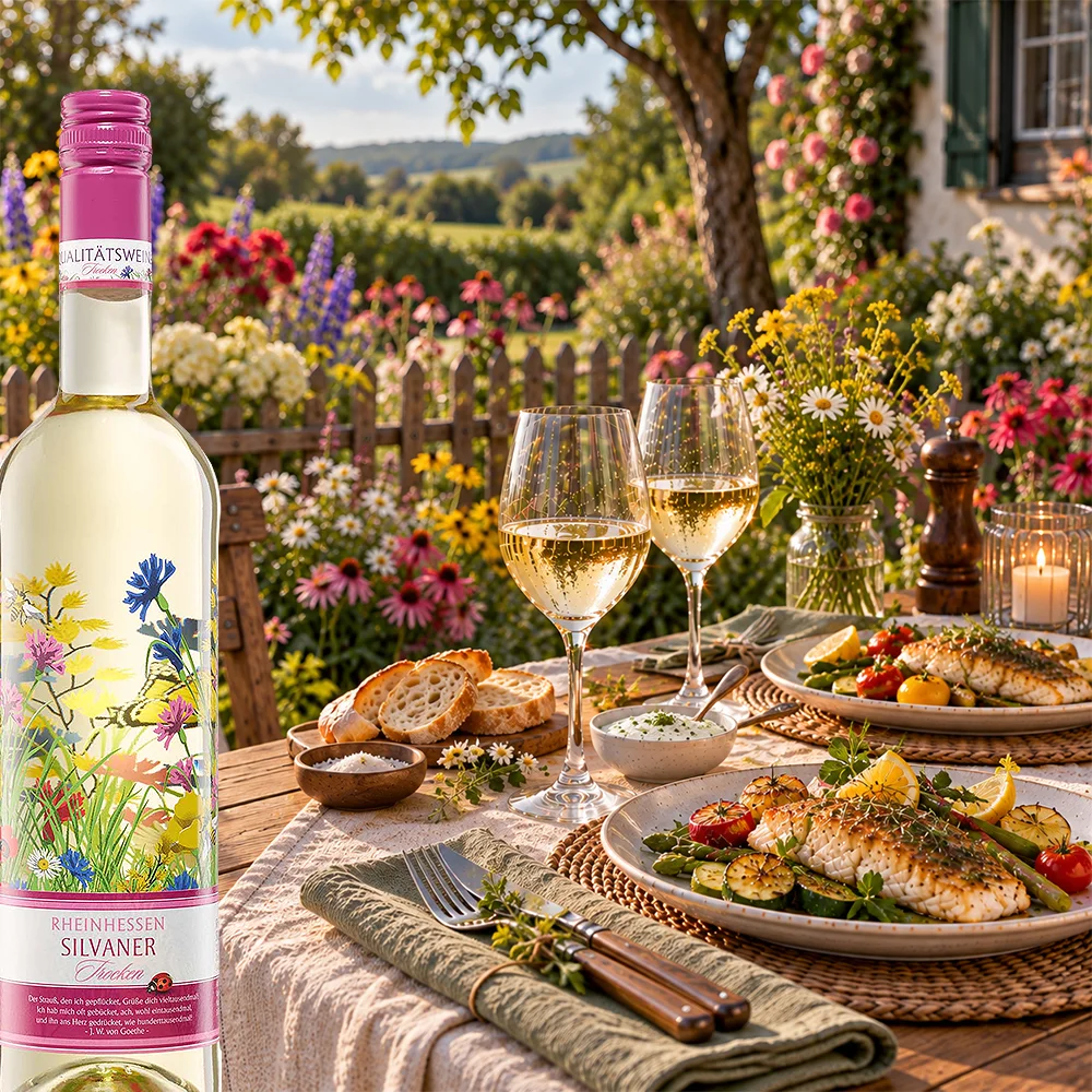Farbenspiel Silvaner aus Rheinhessen mit gegrilltem Fisch und sommerlicher Gartentafel