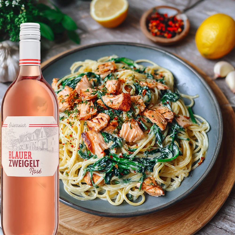 Aichenberg Blauer Zweigelt Rosé serviert mit Fischpasta auf gedecktem Tisch