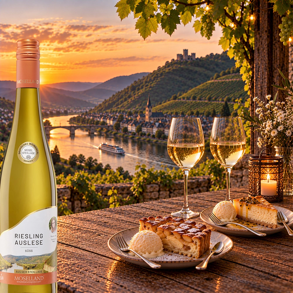 Moselland Riesling Auslese Süß mit Kuchen und Blick auf die Mosel