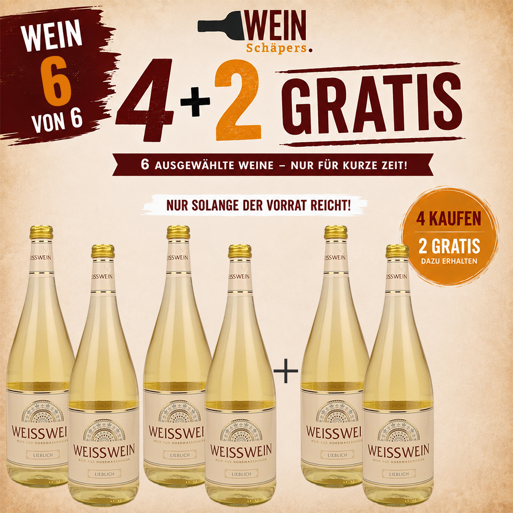 AKTIONSWEIN 6: Nordmazedonien Weiß, lieblich, 2025, sortenreines Weinpaket (6x1,0l)