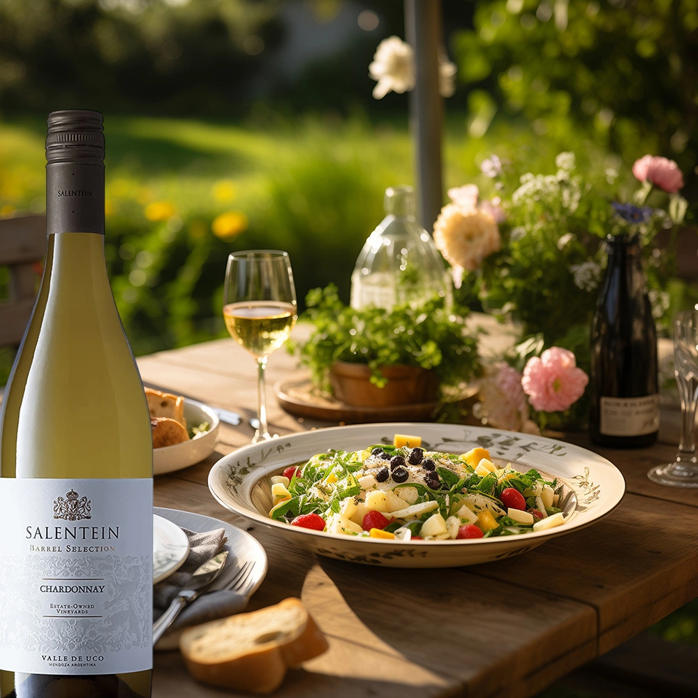 Bodegas Salentein Barrel Selection Chardonnay auf einer sommerlichen Terrasse, serviert zu frischem Salat in leichter, mediterraner Atmosphäre