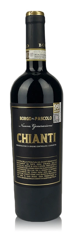 Flasche Borgo al Pascolo Chianti Rotwein isoliert vor weißem Hintergrund, klar und minimalistisch präsentiert ohne weitere Elemente.