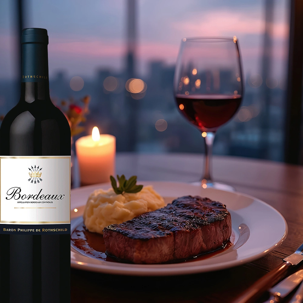 Baron Philippe de Rothschild Bordeaux Rouge mit saftigem Steak auf gedecktem Tisch bei Kerzenschein vor stimmungsvoller Stadt-Skyline