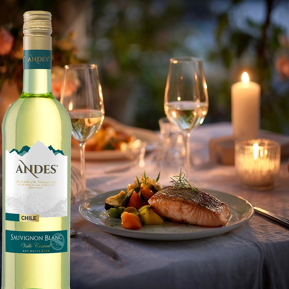 Gedeckter Tisch bei Kerzenschein mit Fischgericht, Gläsern mit Andes Sauvignon Blanc und eleganter Tischdekoration