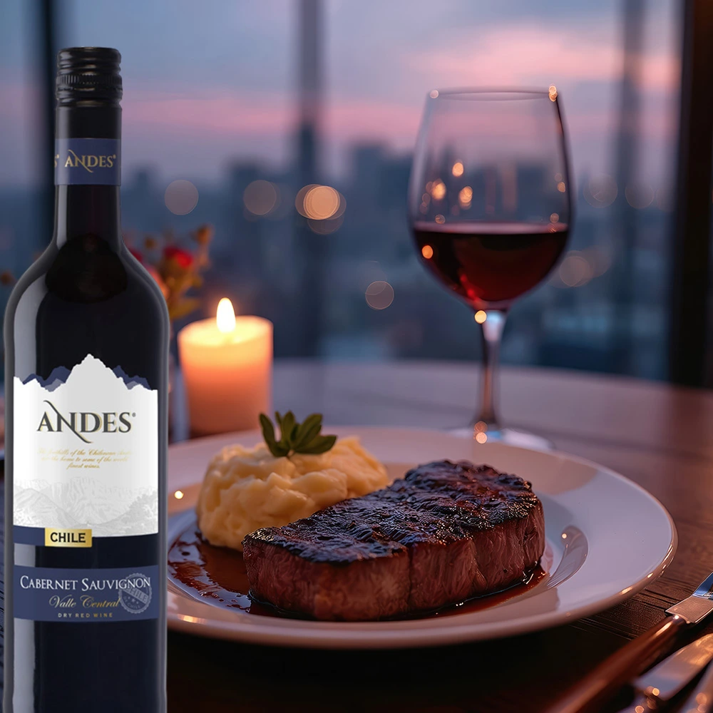 Andes Cabernet Sauvignon 0,75l Flasche mit Steak und einem Glas Rotwein auf Tisch vor moderner City Skyline