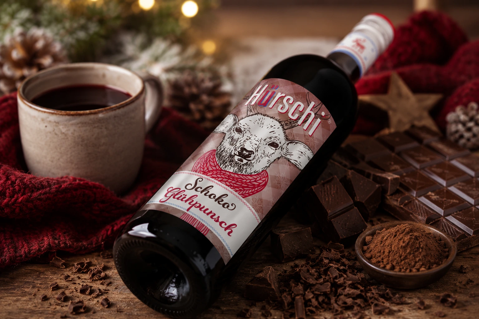Hürschi Schoko Glühpunsch liegend auf einem weihnachtlich gedeckten Holztisch mit Schokolade, winterlicher Dekoration und gemütlicher Atmosphäre.