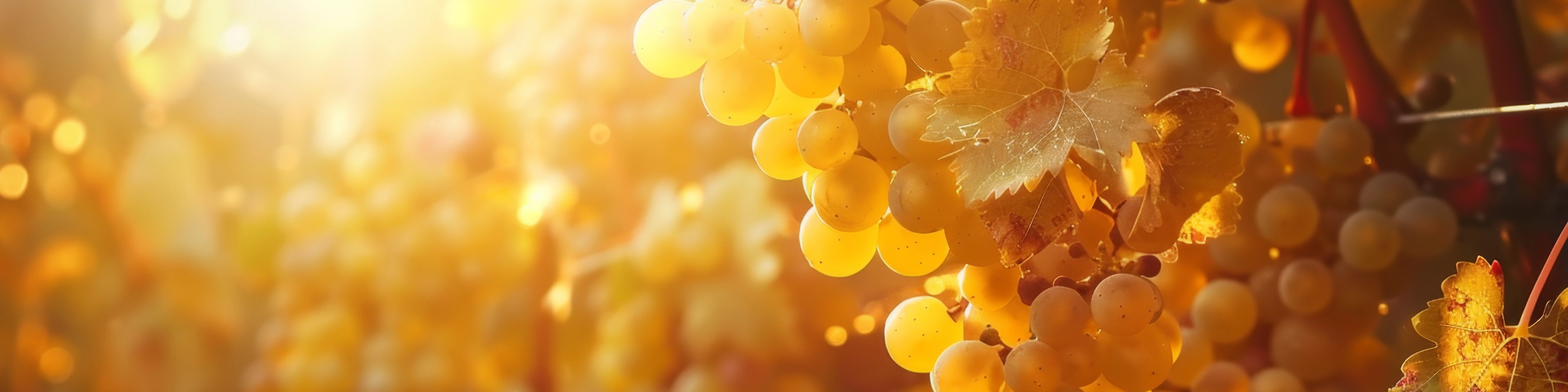 Helle Grüner Veltliner Trauben im Sonnenuntergang über österreichischen Weinbergen