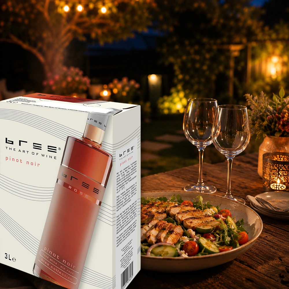 Bree Pinot Noir 3,0 Liter Bag-in-Box mit einem frisch zubereiteten Salatteller in einem gemütlich beleuchteten sommerlichen Garten am Abend als leichte Weinbegleitung
