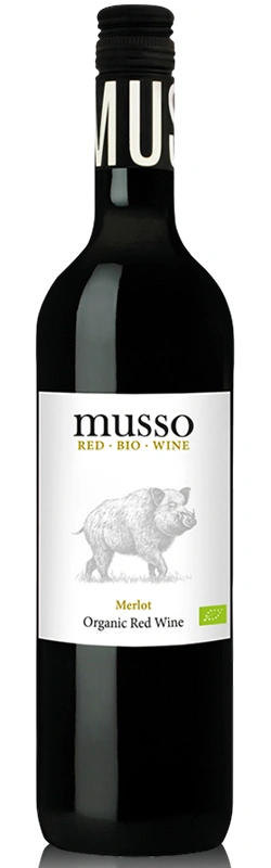 Musso Merlot Bio Rotwein freigestellt vor weißem Hintergrund