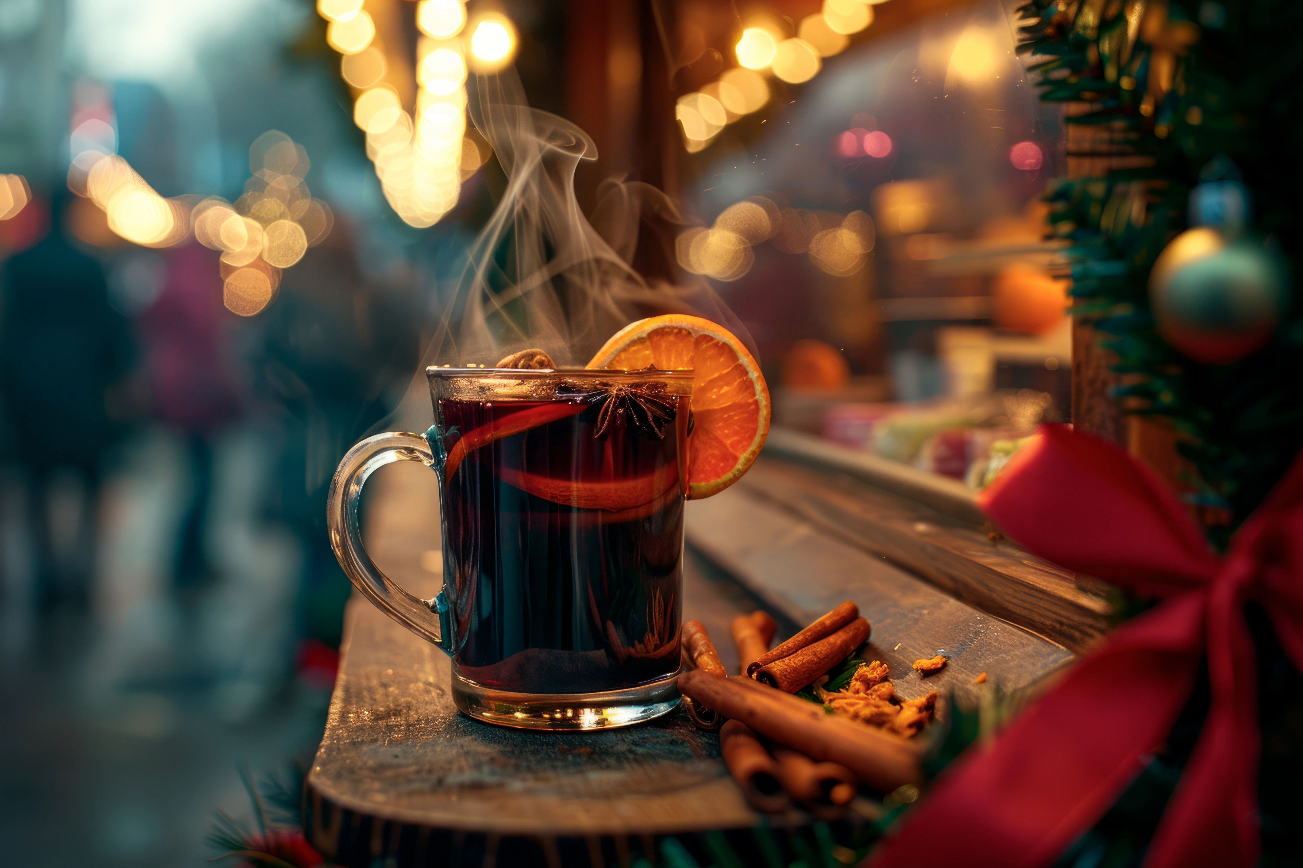 Dampfender Wolfsglut Glühweinbecher mit Orangenscheiben und Zimtstangen auf einer Weihnachtsmarktbude im winterlichen Ambiente