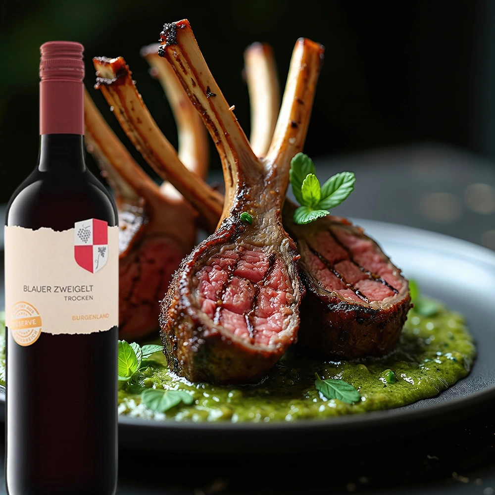 Aichenberg Blauer Zweigelt Wappenserie serviert mit Lammrippchen und Pesto auf rustikalem Tisch