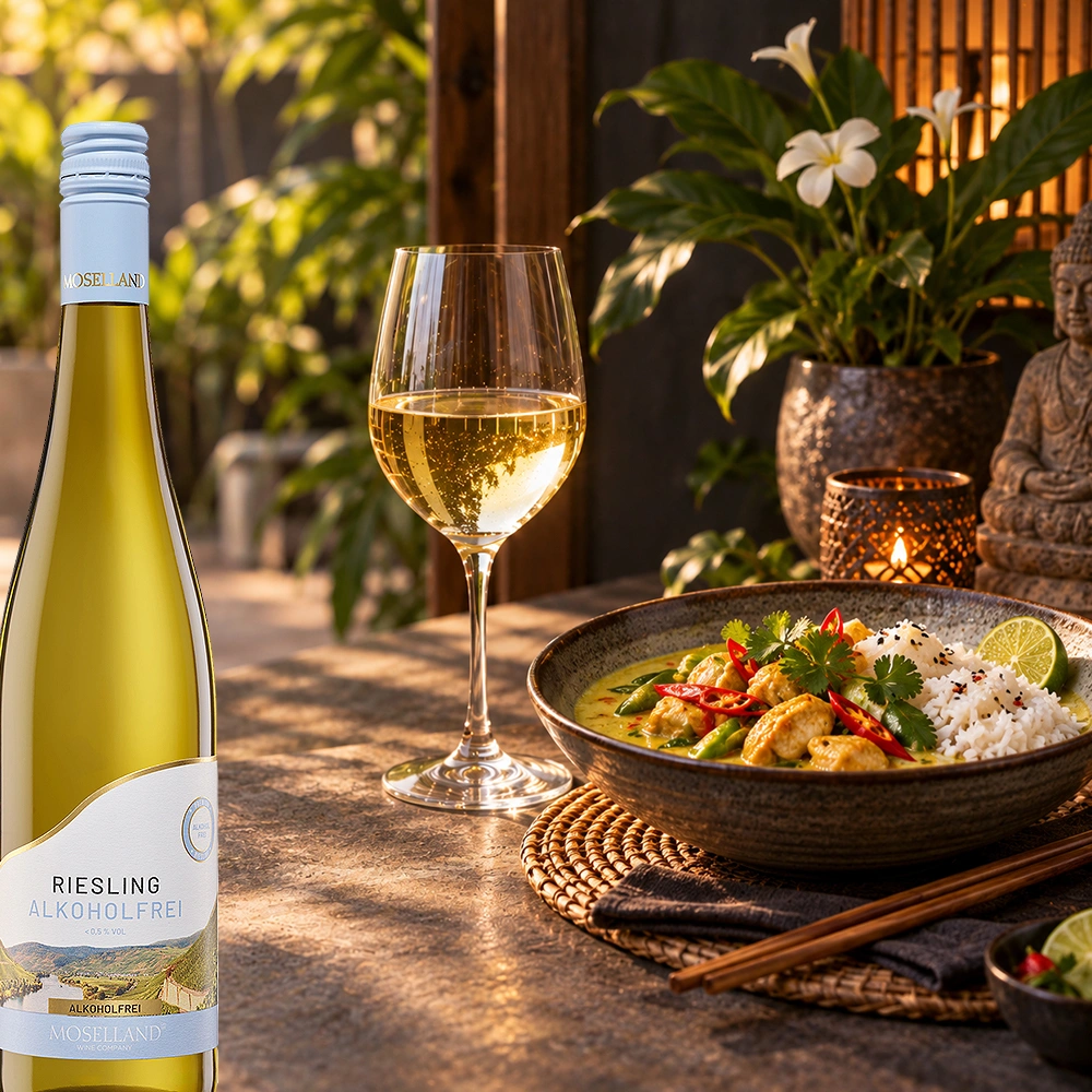 Moselland Riesling alkoholfrei mit Thai-Curry - alkoholfreier Riesling von der Mosel