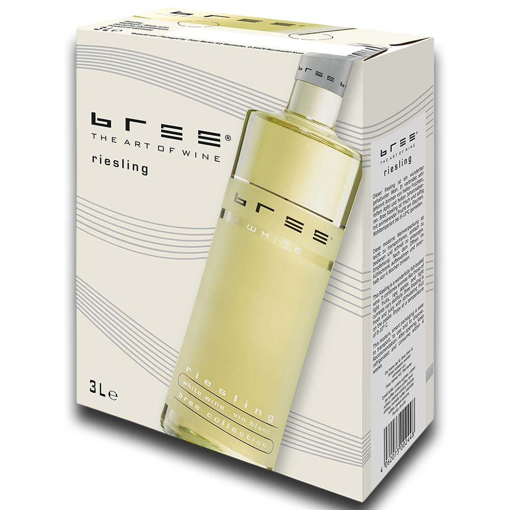 Bree Riesling 3,0 Liter Bag-in-Box als hochwertige Produktaufnahme vor weißem Hintergrund mit klar erkennbarer Verpackung, sichtbarem Etikett und allen wichtigen Produktdetails