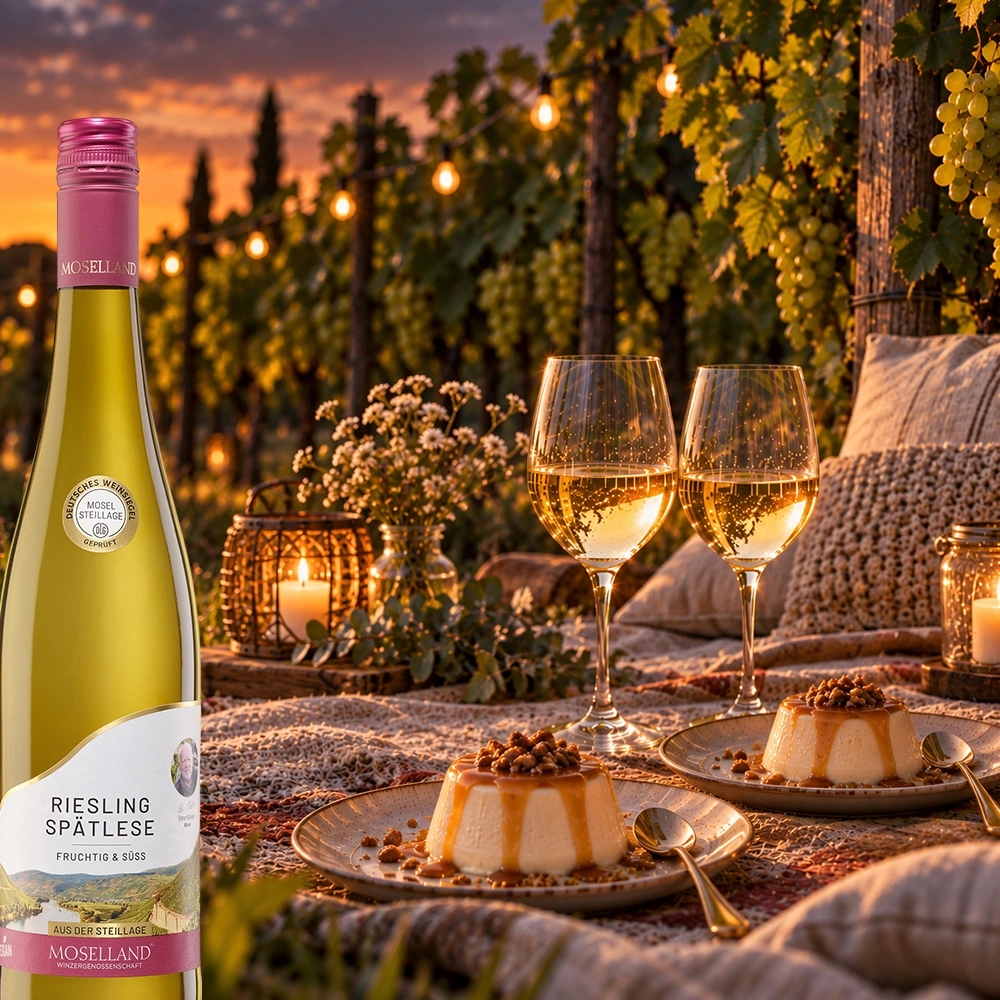 Moselland Riesling Spätlese Fruchtig & Süß mit Dessert und Weinbergen im Hintergrund