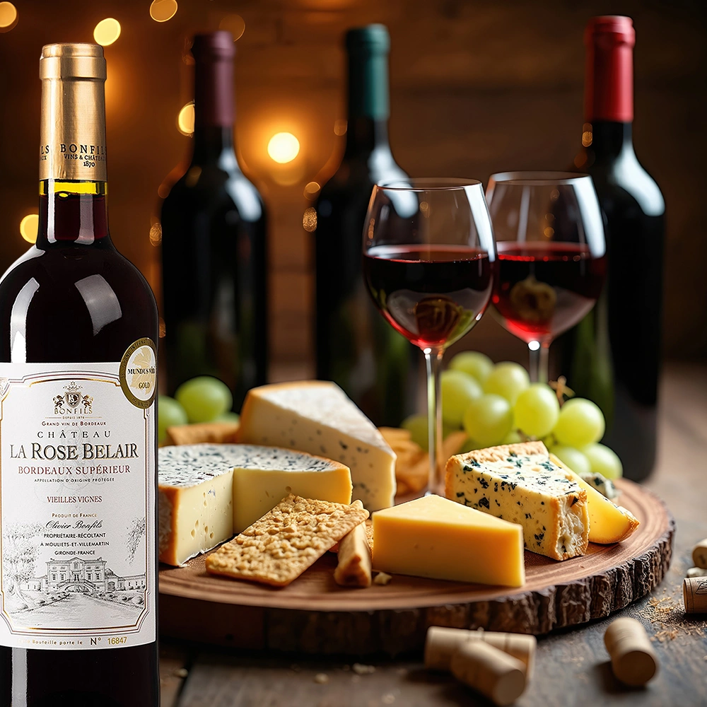 Bonfils Château La Rose Belair Bordeaux Supérieur mit vielfältiger Käseauswahl auf rustikalem Holztisch, französische Genussatmosphäre mit Rotwein und Trauben