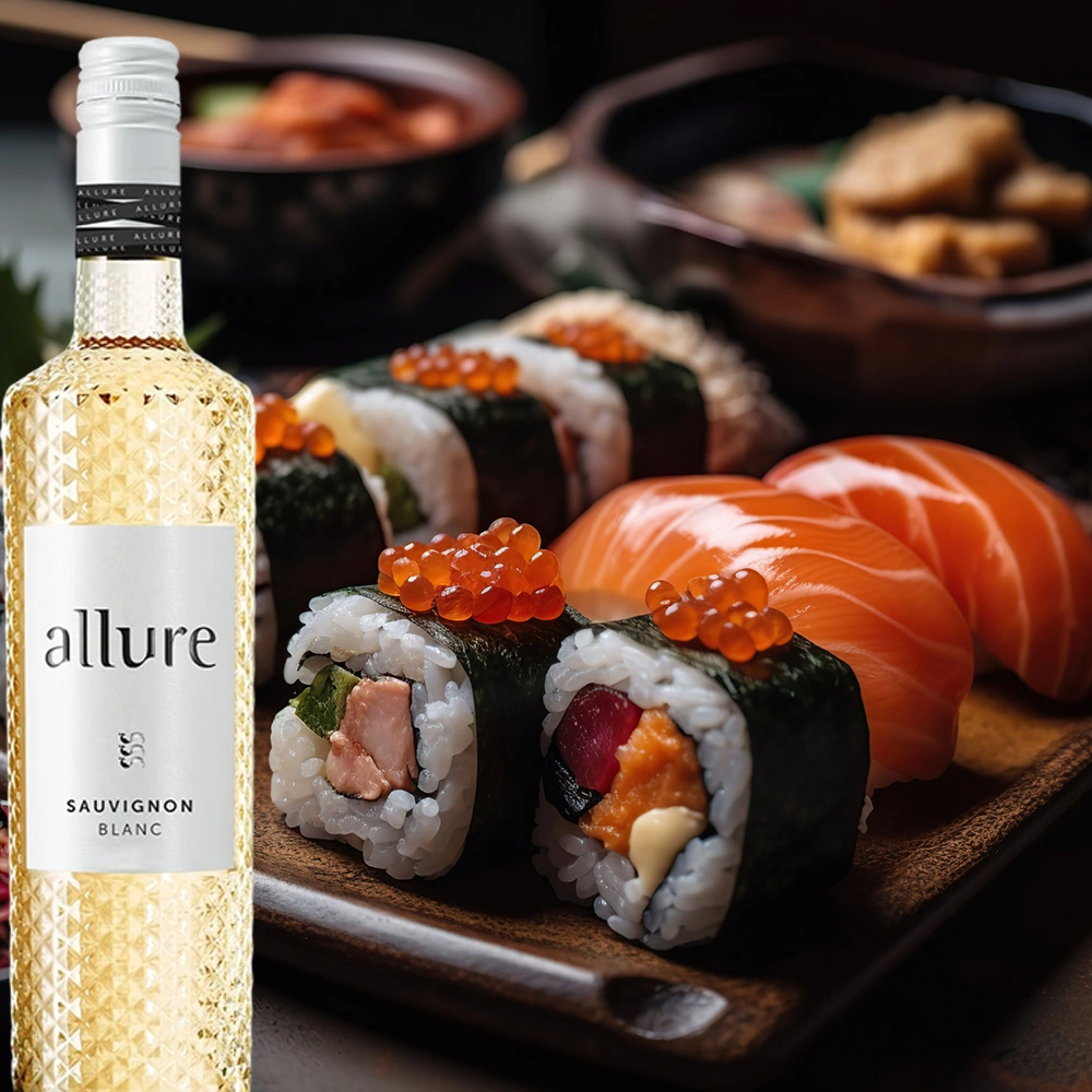 Flasche Allure Sauvignon Blanc neben einem Teller Sushi, stilvoll angerichtet auf dem Tisch