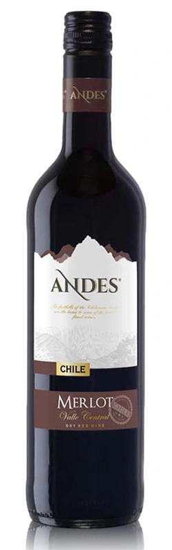 Andes Merlot 0,75l vor weißem Hintergrund, deutlich sichtbar das Etikett der Flasche