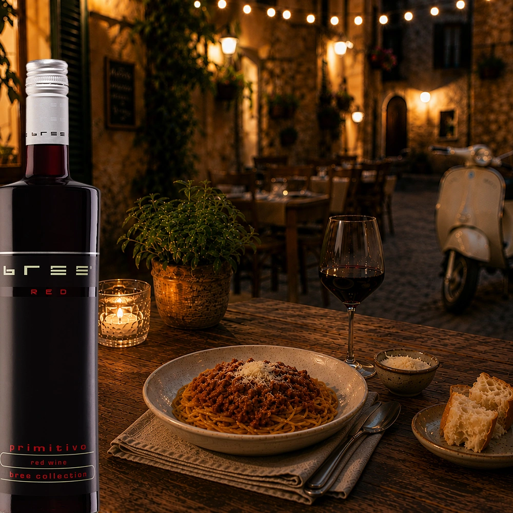Bree Primitivo Weinflasche mit einer klassischen Bolognese-Pasta auf einem stilvoll gedeckten Tisch in einem gemütlichen idyllischen Restaurant als harmonische Weinbegleitung