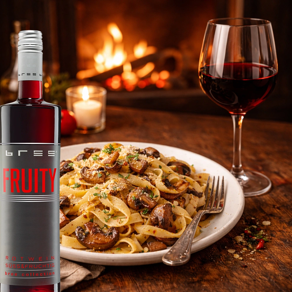Bree Fruity Rot Weinflasche mit einer herzhaften Pasta mit frischen Pilzen auf einem gedeckten Tisch vor einem warmen Kaminfeuer als gemütliche Weinbegleitung